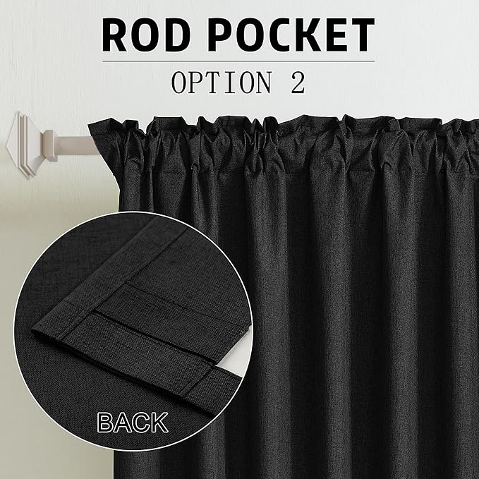 DUALIFE 100% Blackout Linen Black Curtains 84 Inch for Living Room Darkening, Bedroom Linen Drapes 84 Inches Long Rod Pocket/Back Tab Heat Blocking Bohemian Pleated Window Curtain(50"x84"x2)
