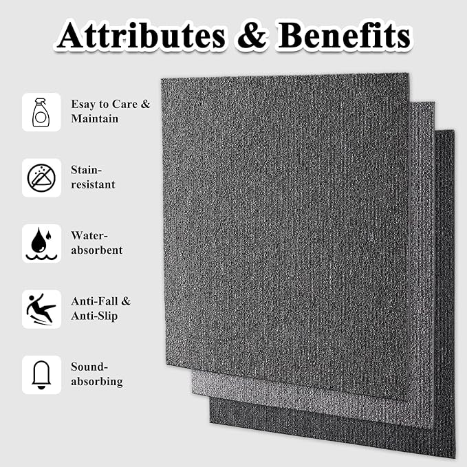 20" X 20" Carpet Tiles, Carpet Squares, 24 Tiles/64.5 Sq.Ft per Box, Floor Carpet Tiles for Home Office Industry, Grey