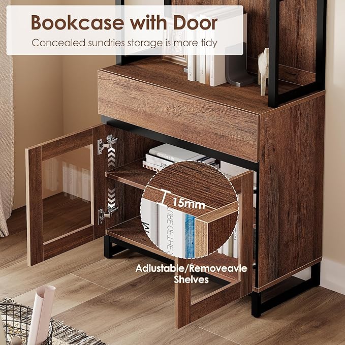 WAMPAT 3 PCS Modern 72" Tall Bookcase with 3 Drawers and Open Book Shelf, Library Book Shelf with Storage Cabinet and Glass Doors, Wood Freestanding Bookshelves for Home Office, Living Room, Brown