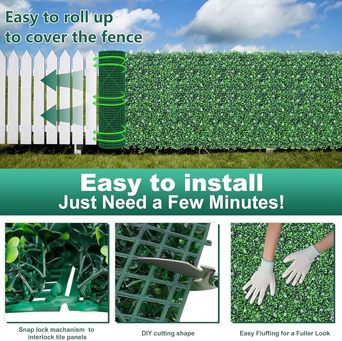 Grass Wall Panels Roll, 40"x120" (33.33 sqft) Artificial Ivy with White Flower, UV-Anti Faux Boxwood Grass Wall Greenery Panels for Garden Patio Balcony Decor