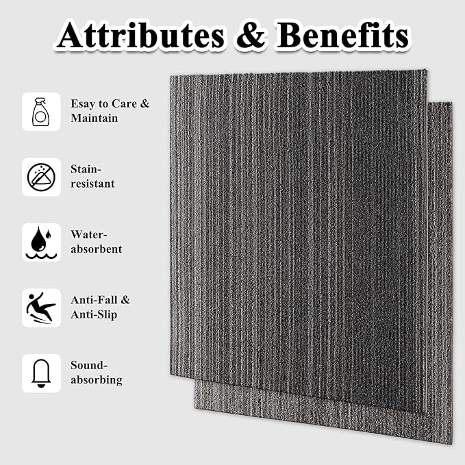 24 Tiles 20 X 20 Inch Carpet Tiles Floor, Carpet Squares for Living Room Bedroom Office, Stripe Dark Grey (64.5 Sq.Ft per Box)
