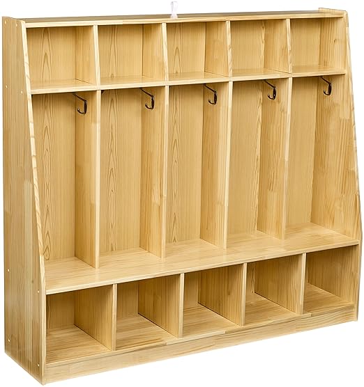 Amazon Basics Coat Locker Storage, 5-Section with Bench, 13"D x 54"W x 48"H, Natural Finish, Solid Pine Wood, Mudroom Furniture with Storage & Hooks for Home, School, Kindergarten