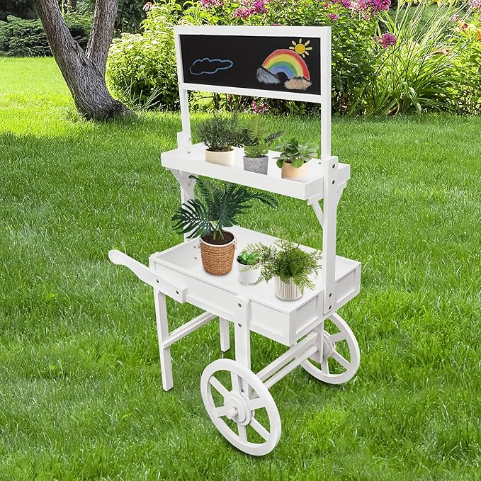 Vintage Plant Flower Rack with Blackboard 3 Tier Candy Cart Display Stand Decorated Dessert Cart,Wood Plant Food Carts for Party Wedding, Plants Display Rack,Tea Stall - White(White)