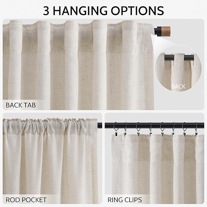 Nanspring Pearl White 102 Inch Long Curtains for Living Room Linen Light Filtering Semi Sheer Curtain Back Tab Coastal Decor Floor to Ceiling Modern Drapes for Bedroom Office 52x102, 2 Panels