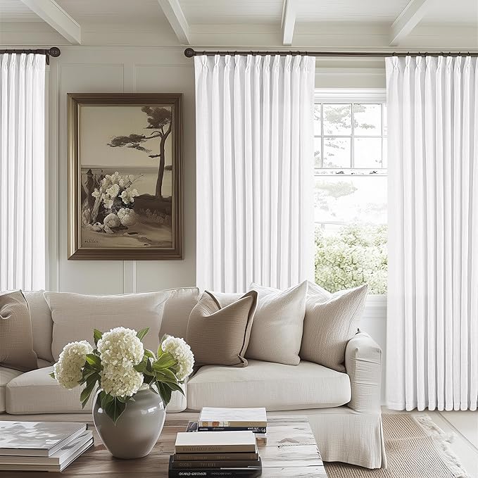 Pinch Pleated Linen 96 Inch Curtains 70 Inch Width for Living Room Divider Light Filtering Thick Linen White Extra Wide Patio Curtains for Sliding Door Balcony Floor to Ceiling Picture Window 1 Panel