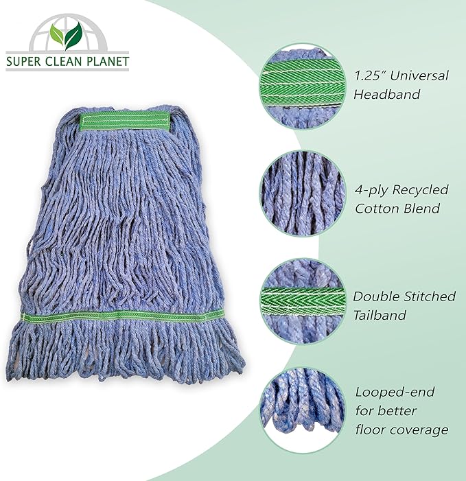 Super Clean Planet Heavy Duty Mop Head Refill (12-Pack) – Industrial Blue Cotton, Looped-End Wet Mop Heads for General, Commercial, Janitorial & Floor Cleaning
