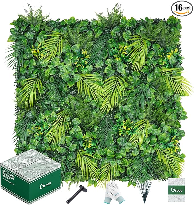 20"X20" Artificial Grass Wall, 16PCS Boxwood Hedge Panels UV-Protected Greenery Privacy Hedge Screen, Grass Backdrop Wall for Indoor Outdoor Patio Balcony, Party Garden Fence Decor