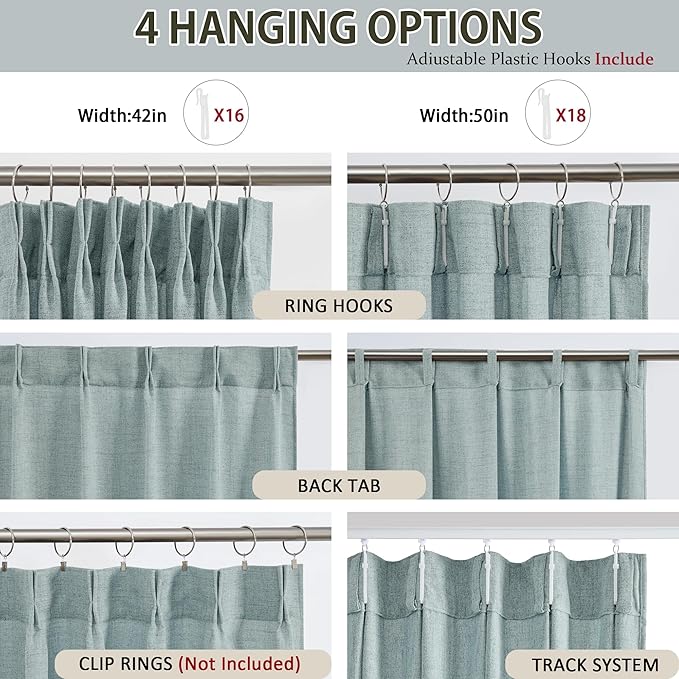 Light Blue Linen Pinch Pleat Curtains 100 Inches Long 50 Wide Per Panel Pleated Semi Sheer Textured Drapes Hooks Back Tab Coastal Modern Light Filtering Curtain 2 Panels Set