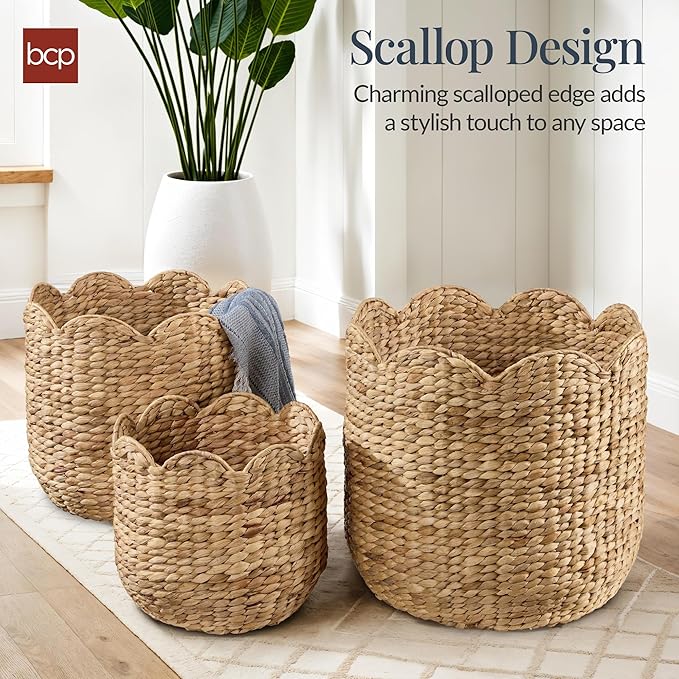 Best Choice Products 3pc Water Hyacinth Scalloped Multipurpose Nesting Baskets, Storage Bin Organization Totes for Living Room, Bedroom, Nursery, Laundry Room - Natural