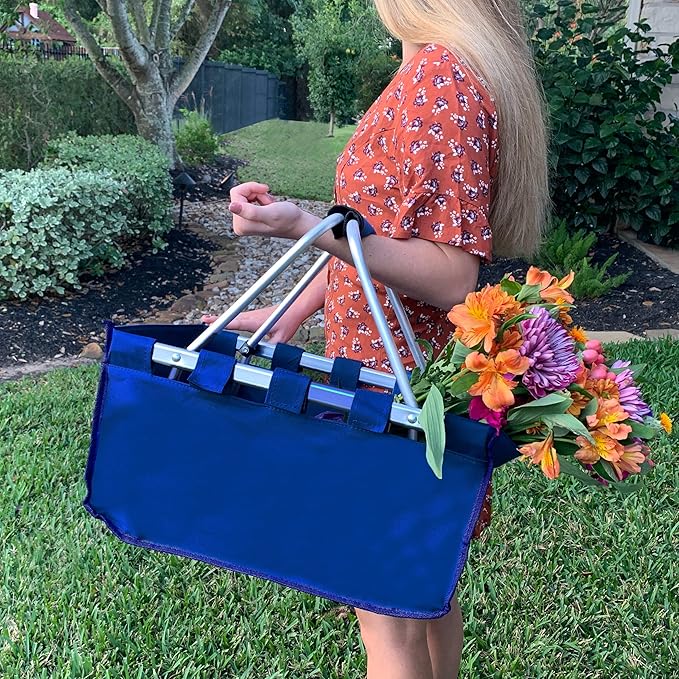 Threadart Large Collapsible Market Basket - Natural | Aluminum Frame | Polyester Fabric | Convenient Fold Flat Design |Reusable Space-Saving Shopping Tote, Gift Basket, Beach Basket, Picnic Basket