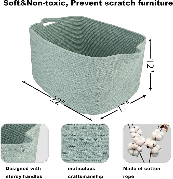 Large Rectangle Blankets Basket Living Room 22"x17"x12" Woven Cotton Rope Storage Baskets for Nursery Toy Baskets for Kids and Dogs Wicker Laundry Basket Bin for Clothes Towels green