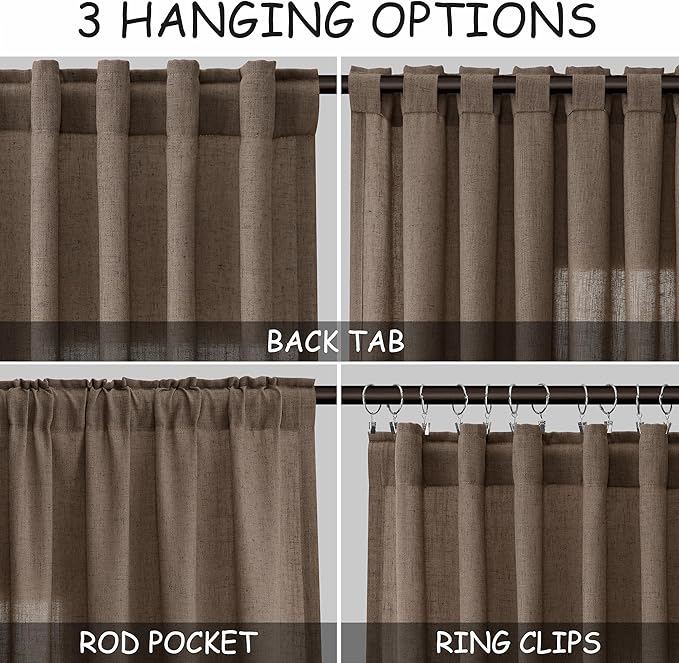 Extra Long Curtain 108 Inches Long 2 Panels Set Back Tab Light Brown Linen Drapes for Living Room Neutral Farmhouse Light Filtering Semi Sheer Linen Curtains 108 Inch Length for Large Window 9 FT