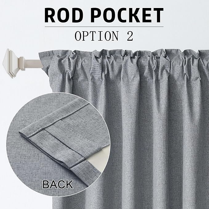 DUALIFE 90 Inch Blackout Grey Curtains Boho, Thermal Insulated Curtains for Summer Heat for Bedroom Living Room Linen Pleated Drapes 90 Inches Long Rod Pocket(50W x 90L x 2 Panels)