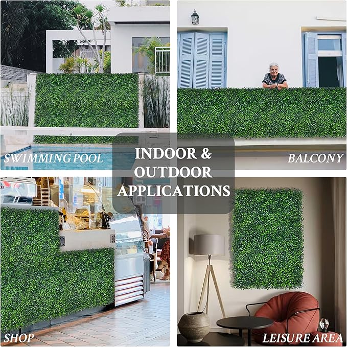 Artificial Grass Wall Panel,10"x 10"(16P) 4-Layer Leaf UV-Anti Greenery Faux Boxwood for Indoor,Outdoor Patio Balcony Privacy & Ivy Fence Covering Privacy, Garden, Backyard Wall Backdrop Decor