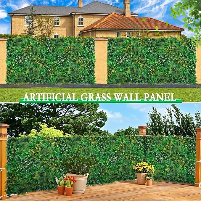 Artificial Grass Wall Panels, 20''x20'' 8pcs Boxwood Wall Panels with Tropical Leaves, Faux Greenery Privacy Fence Screen, Grass Backdrop for Outdoor Indoor Garden Birthday Wedding Decor