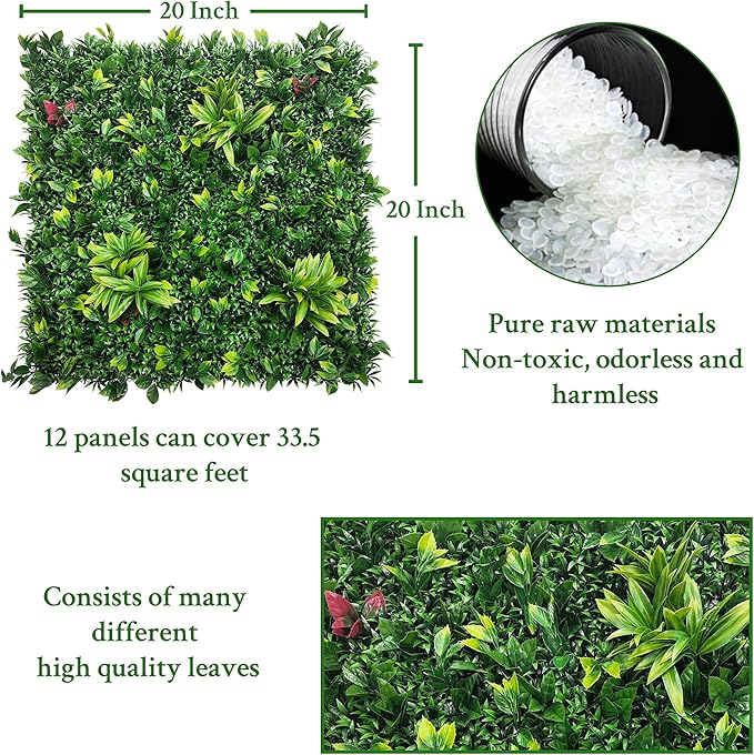 Artificial Boxwood Panels: 20"x20" 12P UV-Anti Fake Grass Ivy Privacy Hedge Greenery Backdrop Fence Wall Screen for Garden Fence Covering Privacy, Outdoor Indoor Home Decor