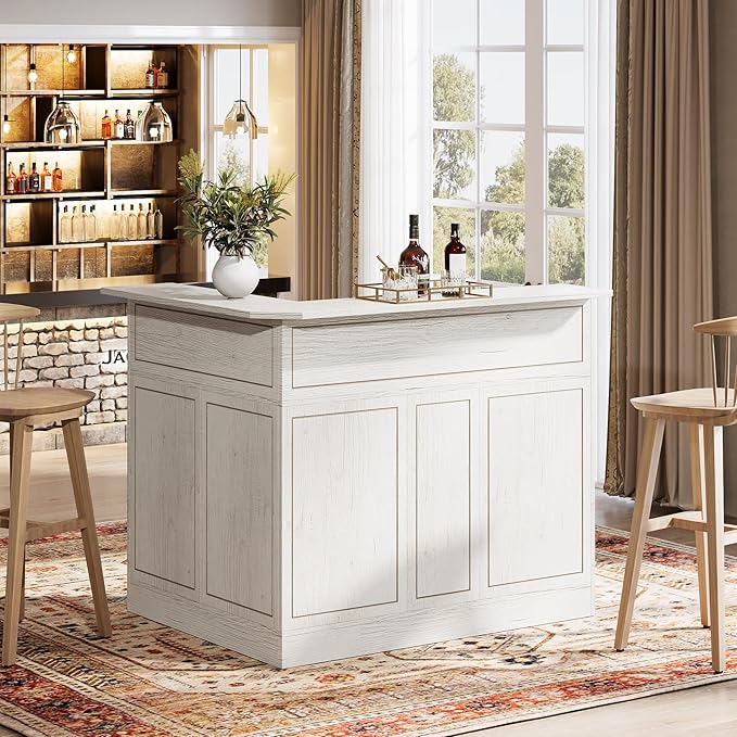 Tribesigns Bar Cabinet, L-Shaped Home Bar Table with Stemware Racks, 4-Tier Corner Bar Unit Liquor Wine Bar Table Reception Desk for Home Pub, White