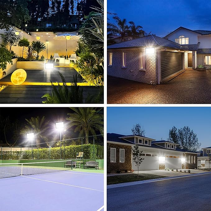 80W Outdoor Flood Lights with Plug, 12000lm Bright Work Light with 5ft Cord, 6000K Daylight White Exterior LED Floodlight, IP66 Waterproof Security Light Yard Lights for Garage Stadium 4 Pack