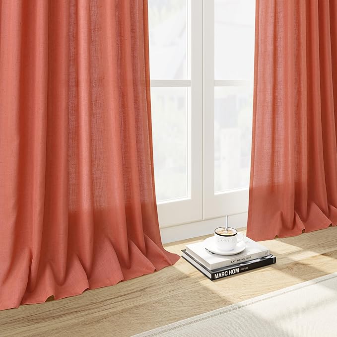 Coral Semi Sheer Linen Blend Curtains 120 Inches Long 2 Panels Set Back Tab Loop Pocket Light Filtering Boho Large Window Decor Extra Long Drapes for High Ceiling Living Room 52x120