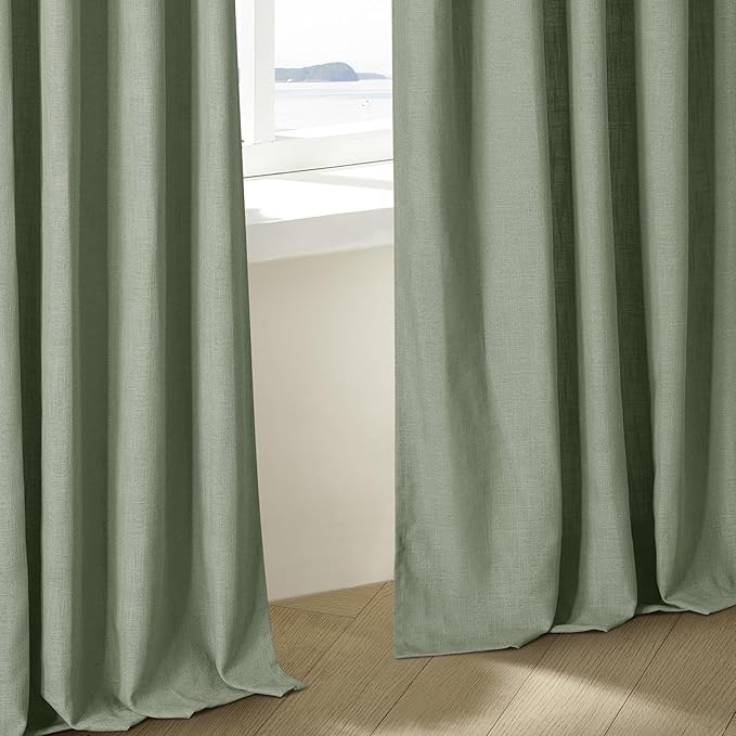 Sage Green Linen Curtains Pinch Pleated 84 Inches Long for Living Room Bedroom Pleat with Rings Back Tab Semi Sheer Curtains 84 Inch Length 2 Panels Set Light Filtering Farmhouse Drapes Light Green