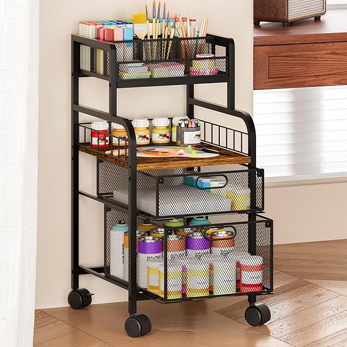 SWTYMIKI Rolling Cart with Drawers - Metal Utility Cart with Wood Shelf, DIY Divider and Locking Wheels, Craft & Art Cart Organizer for Under Desk Storage for Home Office Studio, Black
