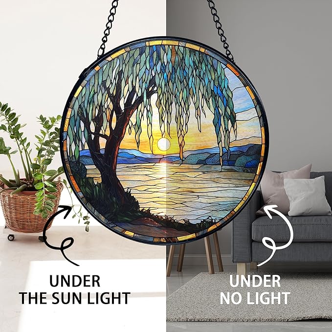 TNUW Willow Tree Stained Glass Window Hanging, Nature Sunset Weeping Willow Tree Sun Catchers Indoor Window Glass Round Wall Art Decor, Nature Landscape Wall Hanging Decorations, 7.9＂x7.9＂
