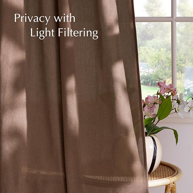 NICETOWN Thick Linen Semi Sheer Gold Brown Curtains for Famhouse, Pleat Tape Semi Sheer Drapes Privacy Added with Light Filtering Window Treatments for Bedroom, W52 x L95, 2 Panels