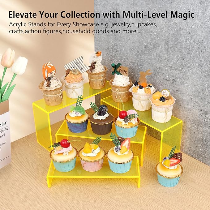 ELEGANTLIFE Acrylic Display Riser,4.3mm Heavy Duty Crystal Display Stand Shelf Layered Aesthetic, Jewelry Display Shelf Risers for Décor,4 Pack Set Multi-color (Yellow)