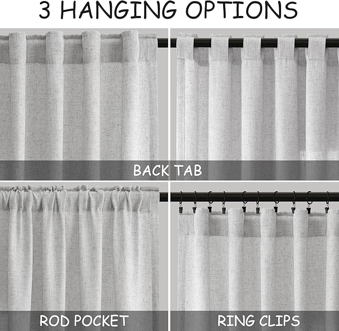 Silver Linen Curtains 96 Inches Long for Living Room Rod Back Tab Vintage Rustic Farmhouse Light Filtering Curtain Burlap Textured Linen Drapes 96 Inch Length for Dinning Room Bedroom 52x96 8 FT