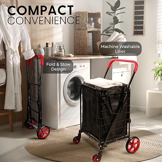 SereneLife Large Folding Utility Shopping Cart with Removable Liner – Heavy Duty, 360° Swivel Wheels, 110 lb Capacity, Portable for Groceries, Laundry, Luggage, and More (Red)
