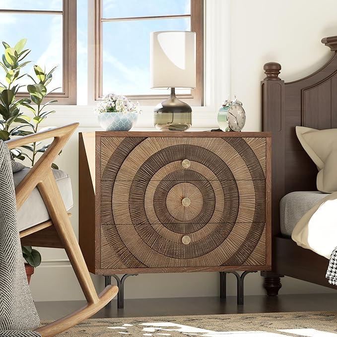 Farmhouse 3-Drawer Dresser, Accent Wooden Chest of Drawers with Circle Pattern and Radioactive Wood Lines, Accent Storage Dresser for Living Room, Bedroom, Natural Wood Color