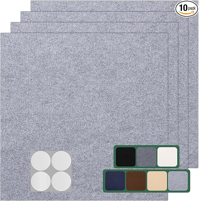 Carpet Tile 10 Pack 24” X 24” Self Adhesive Carpet Floor Tiles Anti-Slip Squares Peel and Stick Floor Tile DIY Installation for Bedroom (Light Grey)