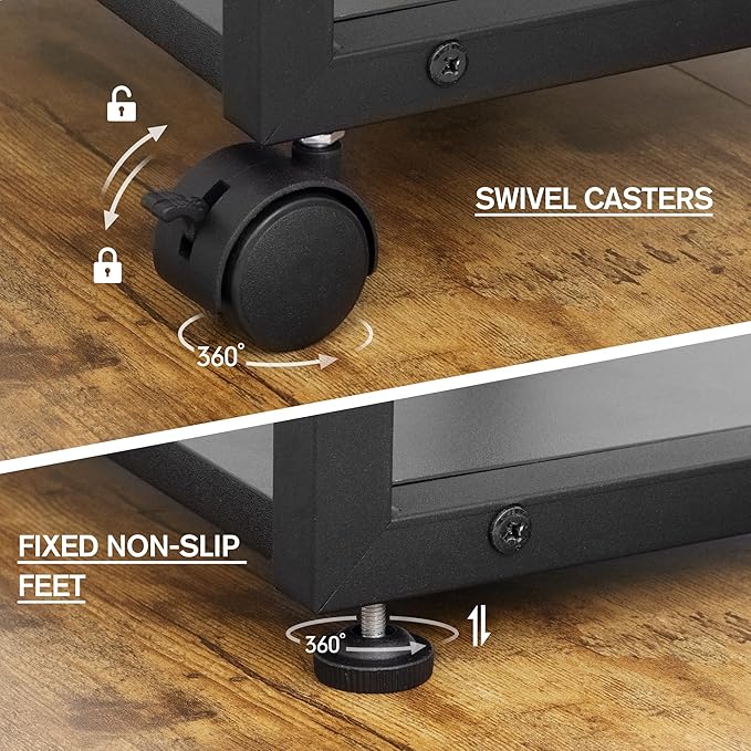 Under Desk Printer Stand - 2-Tier Industrial Mobile Printer Table with Storage Shelf, Heavy Duty Wood Rolling Printer Cart with Wheels for Home and Office,Classic Black