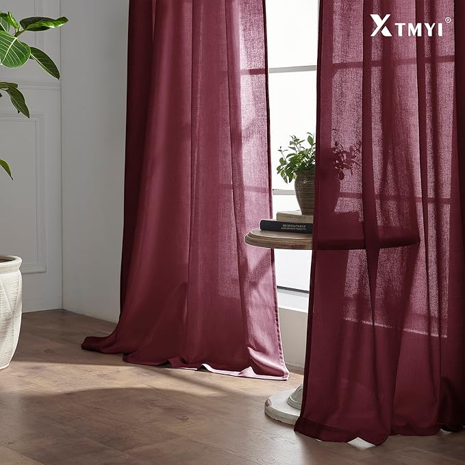 XTMYI Burgundy Curtains 84 Inches Long 2 Panels,Vintage Elegant Maroon Linen Back Tab Hook Pleated Sheer Christmas Curtains for Living Room Bedroom,Dark Red