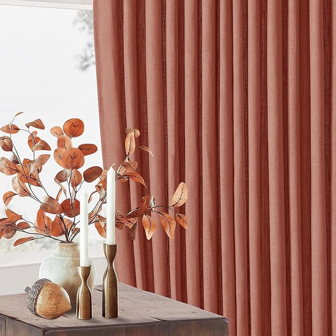 Extra Long Terracotta Linen Curtains 120 Inches Long Red Clay Farmhouse Rustic Curtain Light Filtering Semi Sheer Back Tab Pinch Pleat Curtain for Tall Ceiling Living Room 2 Panels Autumn Fall Decor