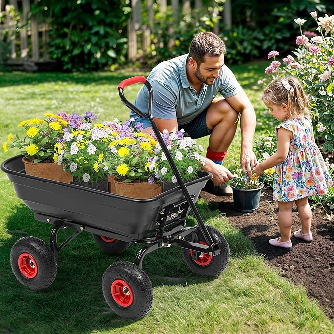 Garden Carts-600lbs Wagon Wheelbarrows with 4 Anti-Slip Tires & Quick-Release Dumping,Heavy Duty Utility Garden Dump Cart for Yard,Landscape and Christmas Hauling