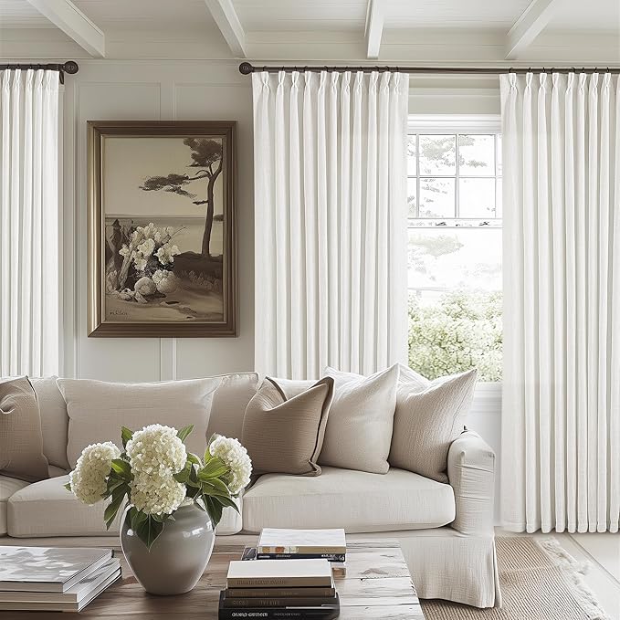 Pinch Pleated Linen 108 Inch Curtains 70 Inch Width for Living Room Divider Light Filtering Ivory Beige White Extra Wide Patio Curtains for Sliding Door Balcony Floor to Ceiling Picture Window 70x108