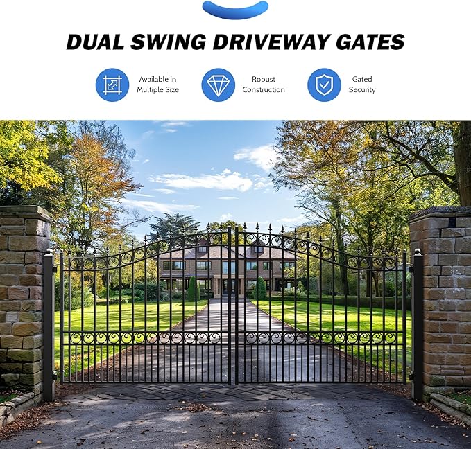 ZUMI Outdoor Steel Swing Gates - 14x6 ft. Heavy-Duty Weatherproof Security Gates - Broadway Style Driveway Fence
