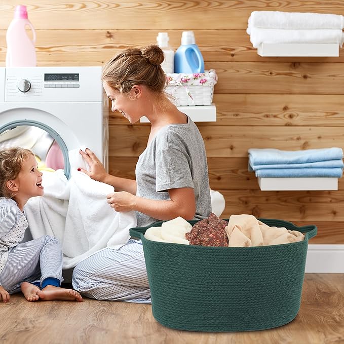 Large Rectangle Blankets Basket Living Room 22"x17"x12" Woven Cotton Rope Storage Basket for Nursery Toy Baskets for Kids and Dogs Wicker Laundry Baskets Bin for Clothes Towels dark green