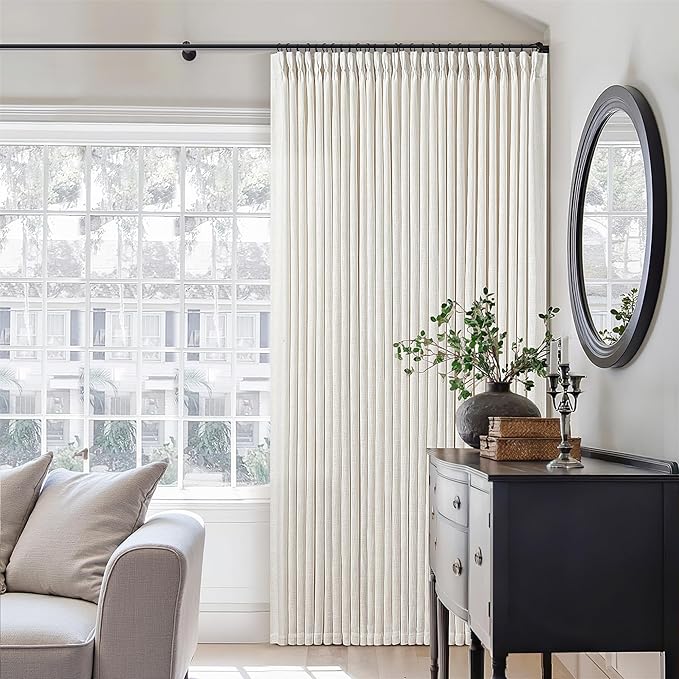 Natural Pinch Pleated Linen Curtains 112 Inches Long 2 Panels Set for Living Room Bedroom Memory Training Shaped Semi Sheer Pleat Drapes with Hooks Rings Light Filtering Window Curtain 40x112