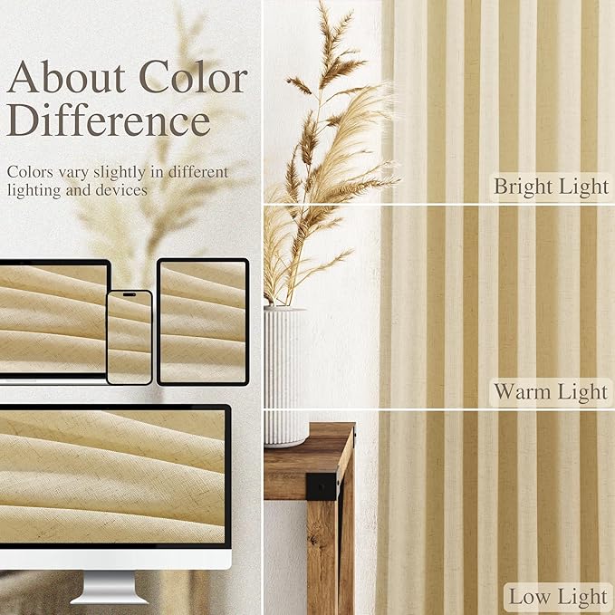 Nanspring Cream Yellow 84 Inch Curtains Linen for Living Room Modern Farmhouse Light Filtering Sheer Curtain Back Tab and Rod Pocket Privacy Drapes for Bedroom Office 52x84, 2 Panels