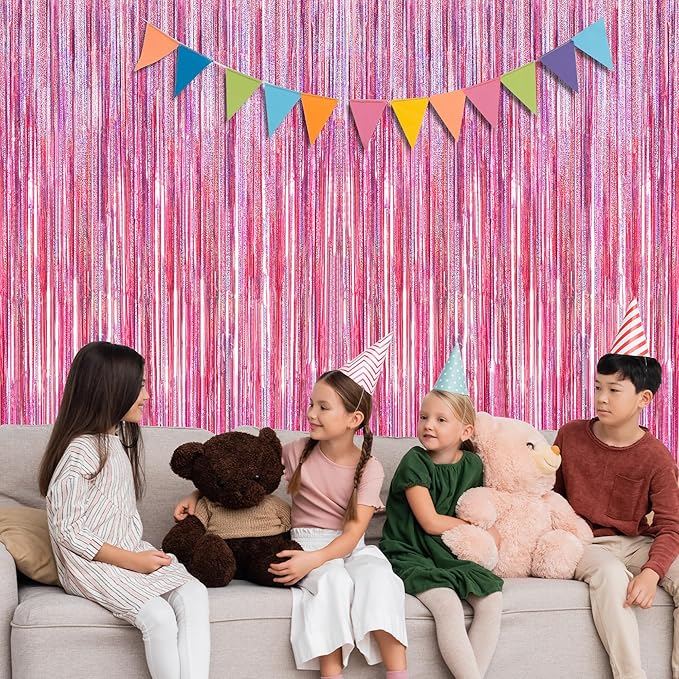 8 Pack Pink Backdrop, 3.28 FT x 7.05 FT Fringe Curtains, Metallic Glitter Pink Fringe Party Streamer Foil Curtains Tinsel Backdrop, Pink Decorations Bachelorette Valentines Day Party Supplies