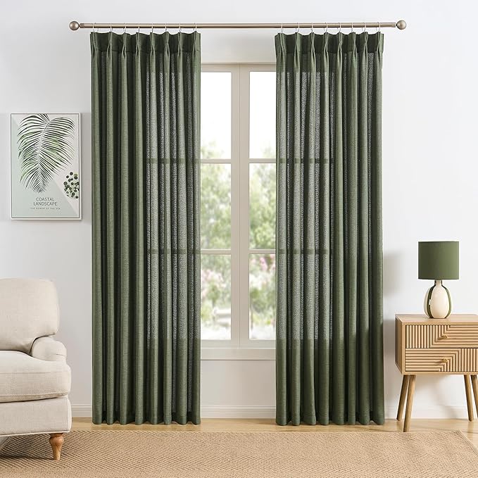 RAIN CITY Linen Drapes 105 Inch Curtains 2 Panels Set Back Tab Sheer Curtain Living Room Bedroom Drapes for Living Room Window Treatments with Hooks,Olive Green,50x105 in Long