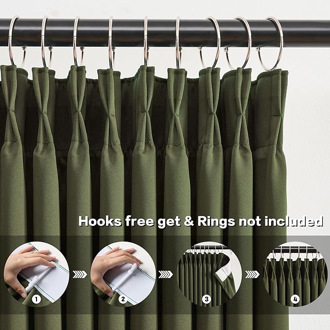 KEQIAOSUOCAI Dark Academia Olive Green Curtains Blackout with Pinch Pleat, 90 Inch Drapes 2 Panels Thermal Insulated Window Treatment Energy Saving Sound Reducing Draperies for Bedroom 40x90