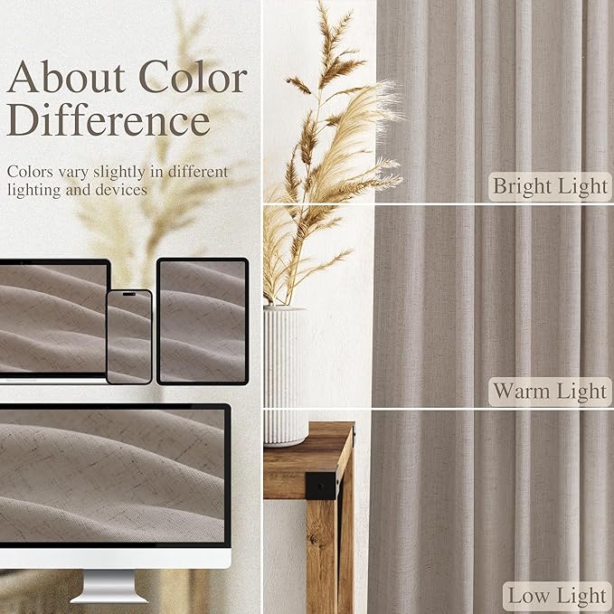 Nanspring Stone Beige 72 Inch Curtains for Living Room Linen Luxury Light Filtering Semi Sheer Curtain Back Tab Simple Modern Elegant Farmhouse Decor Drapes for Bedroom Office 52x72, 2 Panels