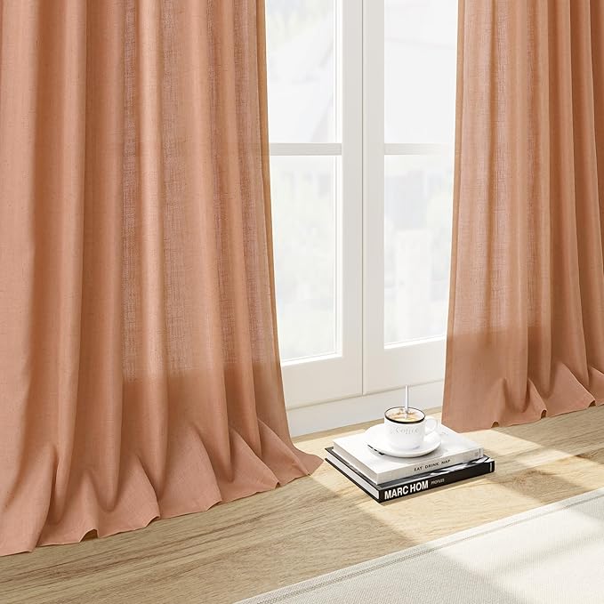 Peach Quartz Linen Blend Bohemian Curtains 90 Inches Long 2 Panel Set Back Tab Rod Pocket Semi Sheer Light Filtering Neutral Decor for Relaxing Bedroom and Charming Living Room 52x90