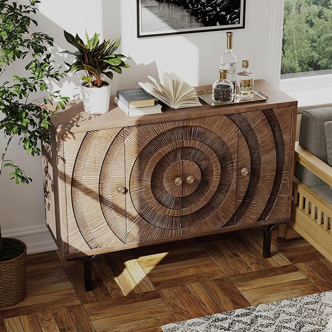 Farmhouse 4-Door Storage Cabinet, Accent Sideboard Buffet Cabinet with Circle Pattern and Radioactive Wood Lines, for Living Room, Dining Room, Bedroom, Brown