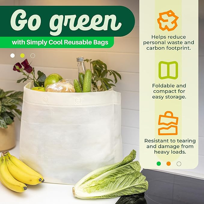 Simply Cool 50 Pack Reusable Eco-Friendly Grocery Shopping Bags 12.6"x6.3"x11.8" Durable, Recyclable, Washable, Foldable, Portable Tote Bags Bulk (50 Pack,Cream)