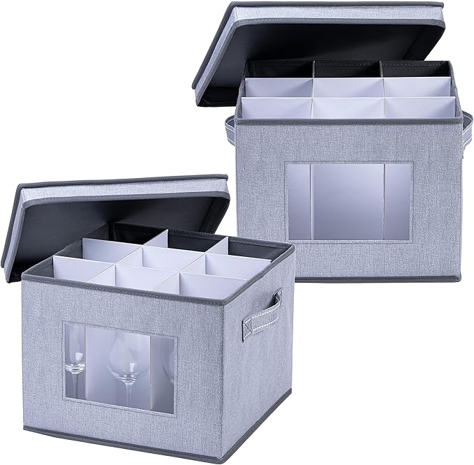 VENO 2 Pack Wine Glass Storage Box, Stemware Storage Case Hard Shell, Christmas Holiday Ornaments China Containers with Dividers & Handles for Moving Crystal Glassware Champagne Flute (for 18 Glasses)