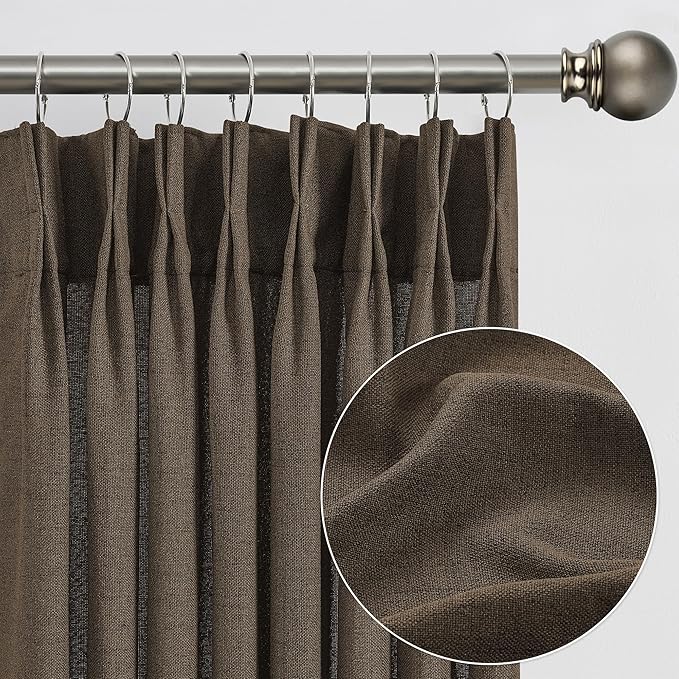 Brown Pleated Linen Curtains 84 Inches Long Farmhouse Semi Sheer Memory Trained Shape Pinch Pleat Drapes with Hooks Back Tab Ripple Fold Curtain for Bedroom Living Room 42x84